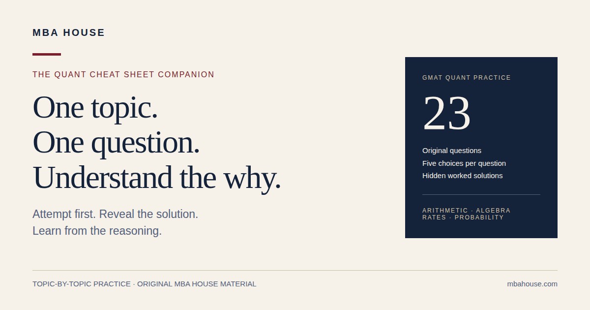 MBA House GMAT Quant topic practice: 23 original questions, five choices per question, and hidden worked solutions.